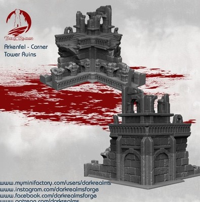 3D Printed Dark Realms Ruined Arkenfel Wall Corner Tower (32mm Scale) [PTO$]