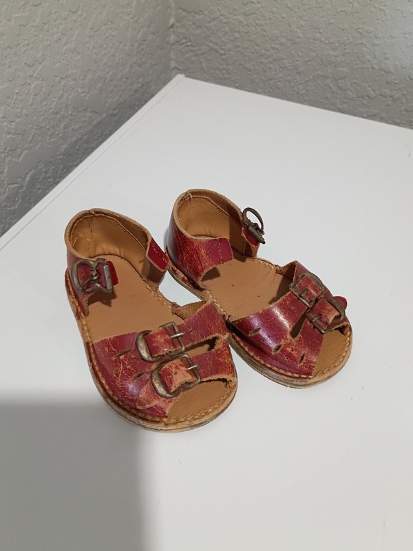 Vintage Leather Brown Baby Doll Sandals With Buckles Collectable 