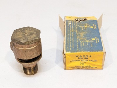 Vtg Watts No 36 Vacuum Relief Valve 1/2'' Water Heater Tank AGA Brass NOS