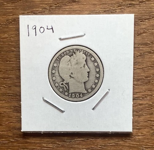 1904 Barber Quarter, 90% Silver, 25C Coin, Circulated