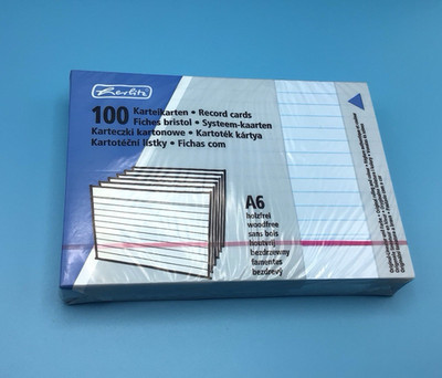 1 Packung Herlitz Karteikarten - DIN A6 - liniert  - blau -  100 Karten