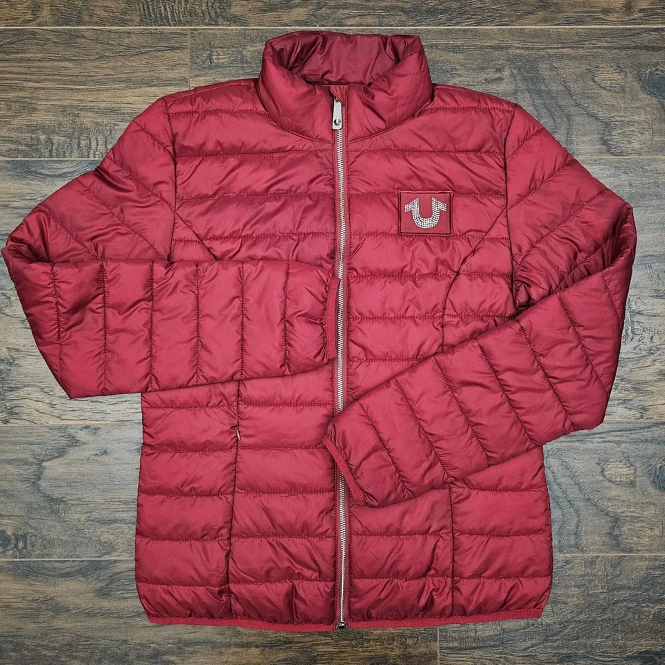 True Religion Jacket Womens Large Slim Red Puffer Lightweight Diamond Logo - Image 2 of 4