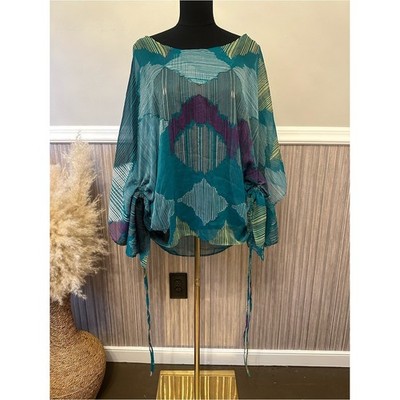 Erica Brooke Plus Size 24 Teal Geometric Tunic Top Batwing Dolman side tie Boho