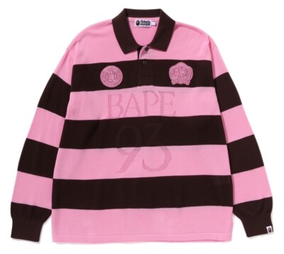 BAPE ストライプ ラガーシャツ ピンク A BATHNIG APE Men's JACQUARD MULTI LOGO STRIPE RELAXED FIT L/S TEE