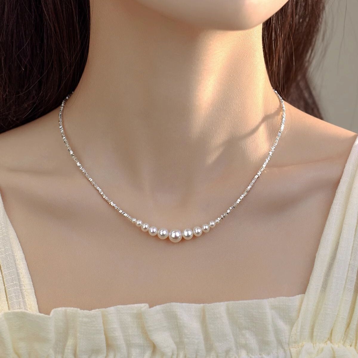 【HYERES LOR】23SS★ Noailles Silver Pearl Bead Necklace NEW Honora 5.5mm Steel Blue Pearl Necklace Sterling Silver