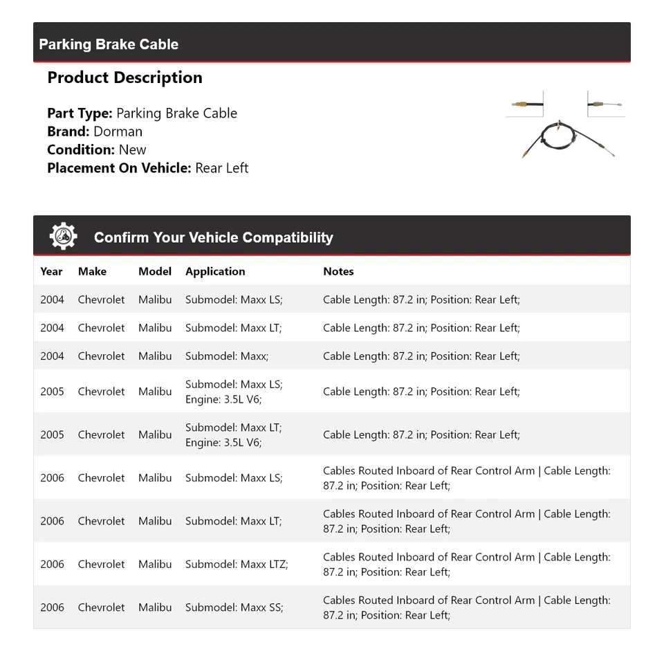 Кабель стояночного тормоза задний левый 2005 для Chevrolet Malibu Dorman 2004-2006 годов выпуска - Изображение 2 из 4
