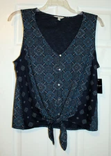 Lucky Brand L Blue Mosaic Mixed Print Buttondown Sleeveless Tie Front Shirt NWT