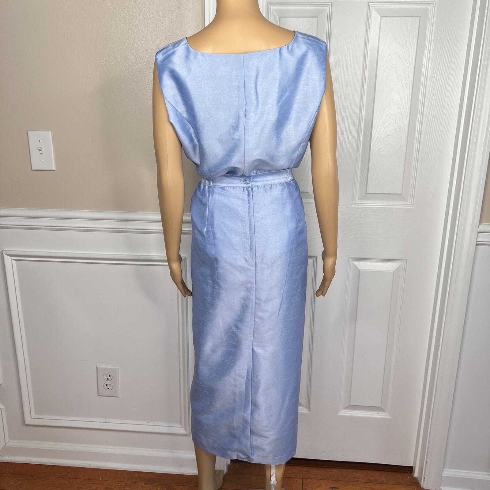 TALLY TAYLOR 3PC Slate Blue Polyester Collarless Cocktail Skirt Suit Top Size 14
