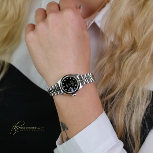 Rolex Lady Datejust Stainless Steel 69174 Factory Black Diamond Dial 26mm  Watch | eBay
