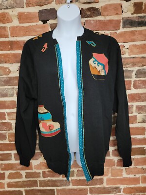 JERZEES Jacket Women 2XL Black Appliqué Southwest Pottery Aztec Print Made USA