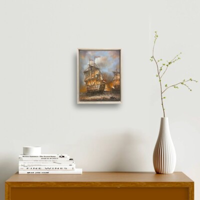 Hungryartist -NY artist colonial burning ship original oil painting canvas 8x10