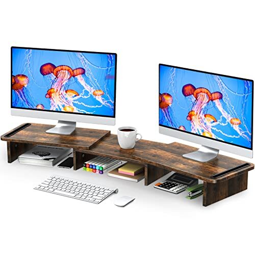 Dual Monitor Wood Stand Riser with Adjustable Length and Angle in Rust Brown-image