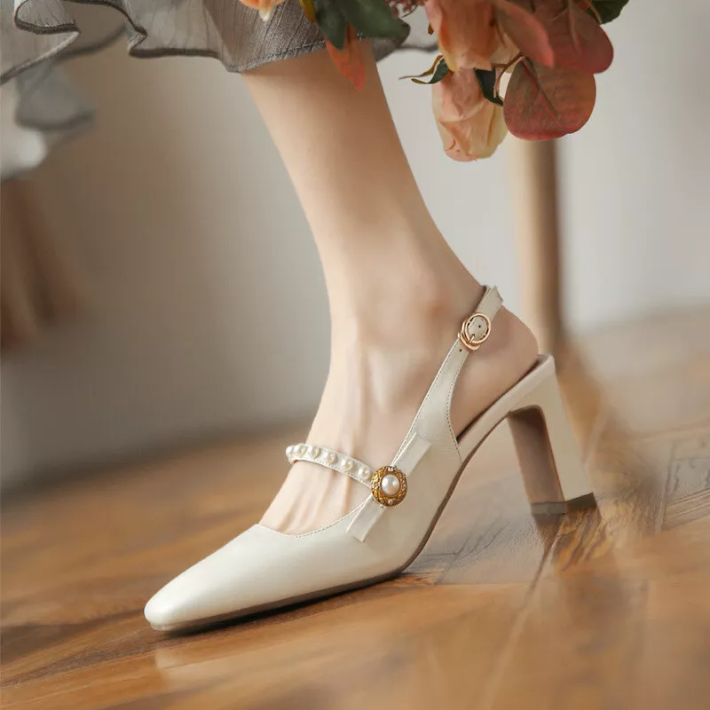 Women Slingback Shoes Dress Block Heels Pointy Toe Strap Buckle Sandals French