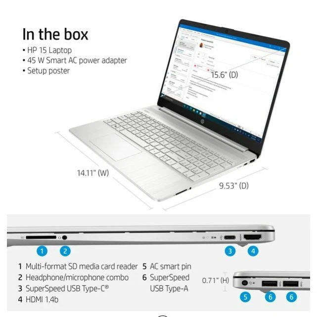 HP 15.6" Laptop Intel Core i3-1115G4 8GB RAM 256GB SSD Windows 10 Home Silver - Image 2 of 4