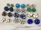 Vintage Lot 12 Pair Rhinestones Evening Clip On Ear Rings Costume Jewelry Signed
