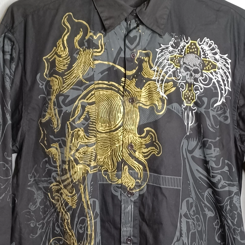 Brooklyn Xpress Shirt Mens Large Black Button Skull Cross Wings Biker Rocker - Image 3 of 4
