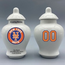 Ceramic Baseball Urn New York Mets Theme, Custom Text Number