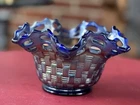 Vintage Fenton Small 5.5" Basket Weave Cobalt Blue Carnival Glass Bowl Beautiful
