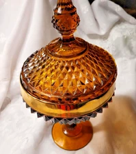 Vintage Amber Indiana Compote/ Covered Candy dish Diamond Point pressed glass.