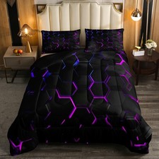 Boys Hexagonal Bedding Set Twin Size 3D Geometric Honeycomb Kids Comforter Se...