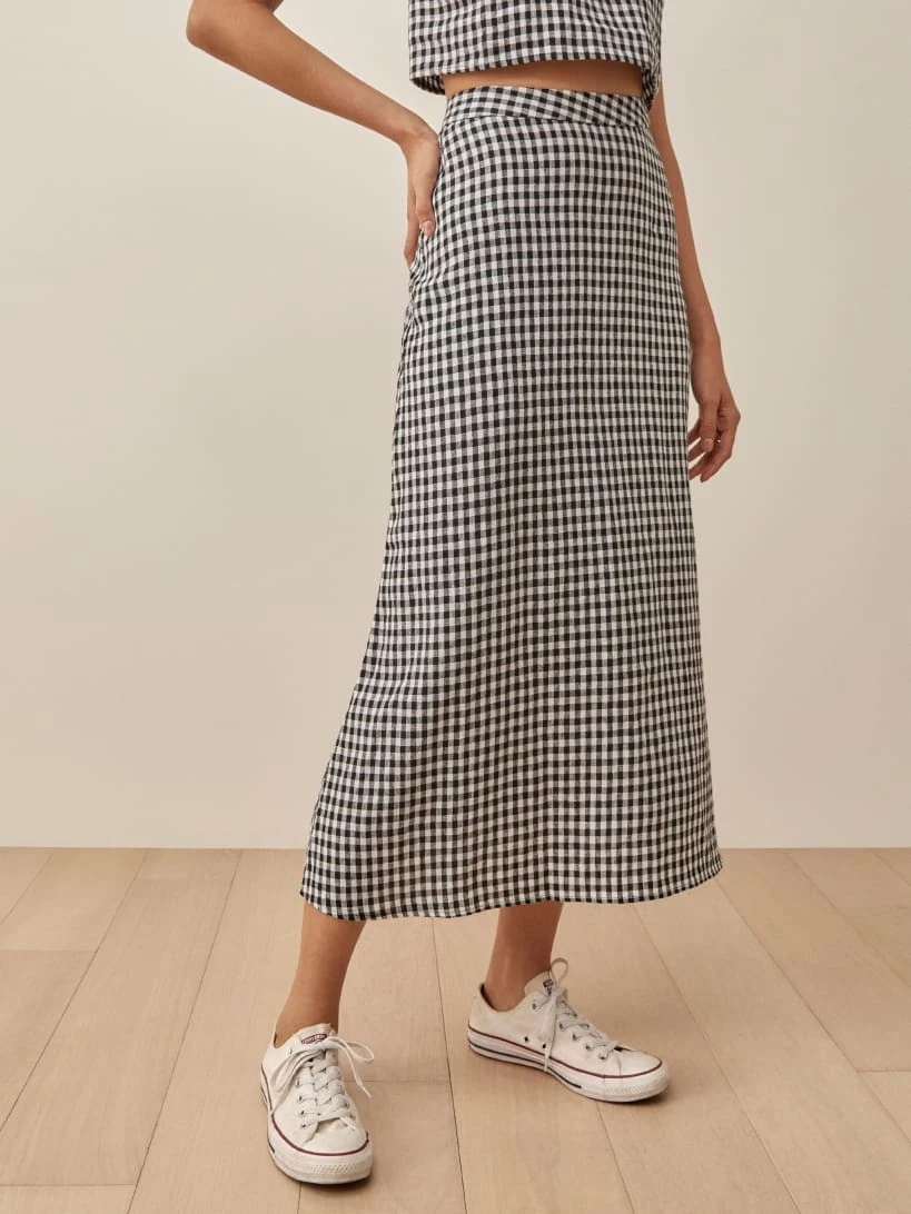 Women Reformaton Linen Checked Slim A-line Midi Skirt