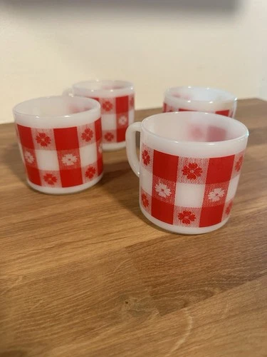 Set of 4 Vintage Federal Milk Glass Coffee Mugs~ Red Plaid Flowers