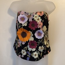 NY & Co Black Satin Bustier Corset Floral Appliqué Size L Festival Fairy 3D NWT