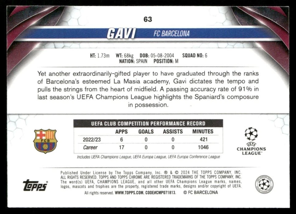 2023 TOPPS CHROME UEFA CLUB COMPETITIONS GAVI FC BARCELONA #63 - Image 2 of 2
