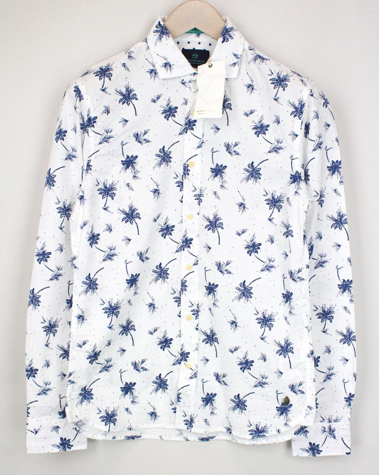 Scotch & Soda Ams Couture Uomo S Bianco Manica Lunga Cotone Motivo Palma Camicia - Immagine 2 di 4