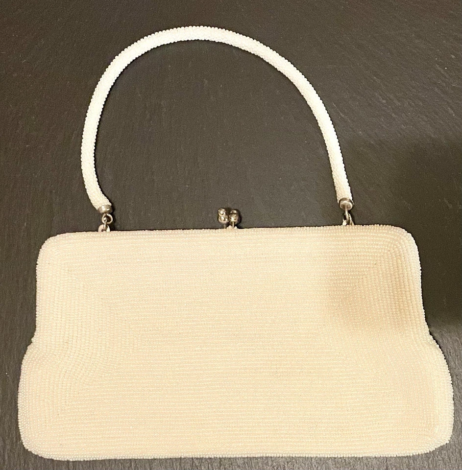 Vintage White Floral Pearl Seed Beaded Evening Bag Bridal Purse Made In Japan - Image 2 of 4