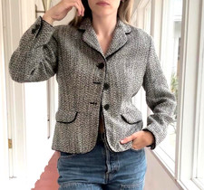 Ann Taylor Tweed Blazer Jacket Petite 4P Black White Classic Button