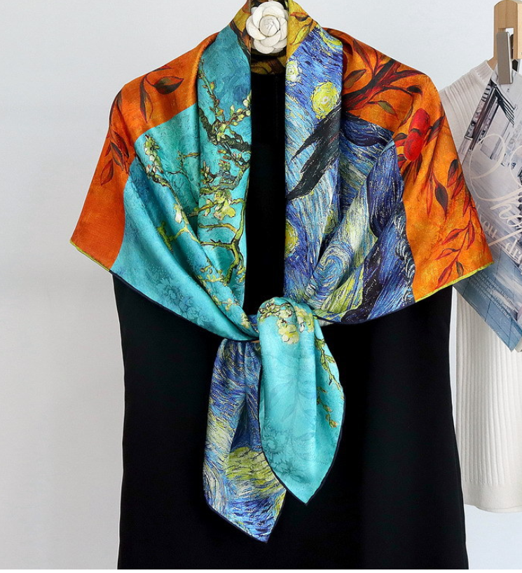 100% Silk Bandanna Scarf Square Double Face Mosaic Print Neckerchie Shawl 43''