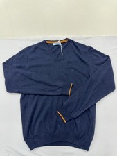 Harmont  Blaine Mens Navy V-Neck Sweater L Orange Trim Long Sleeve