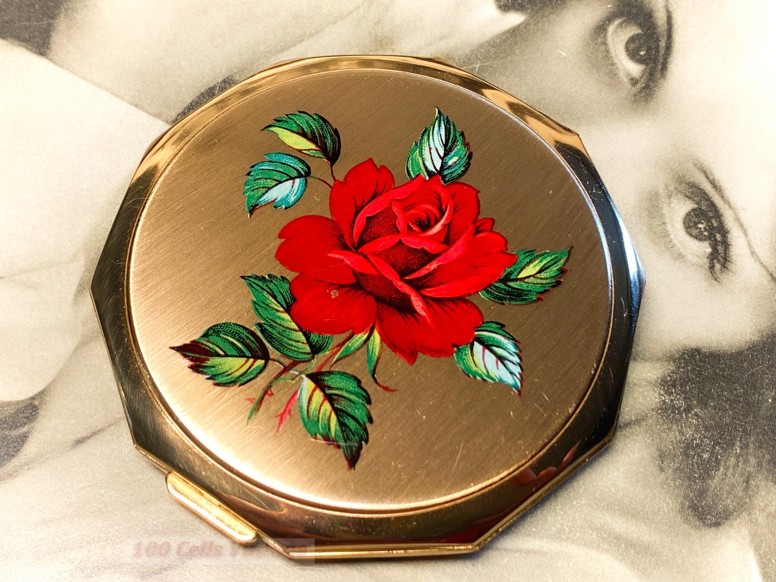 Stratton red gold floral rose vintage Powder Compact: Makeup Mirror-0i