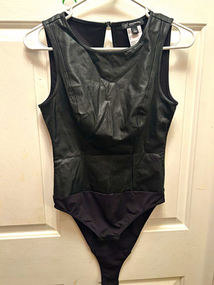 INC International Concepts Women s Black Solid One Piece Bodysuit Faux Leather S