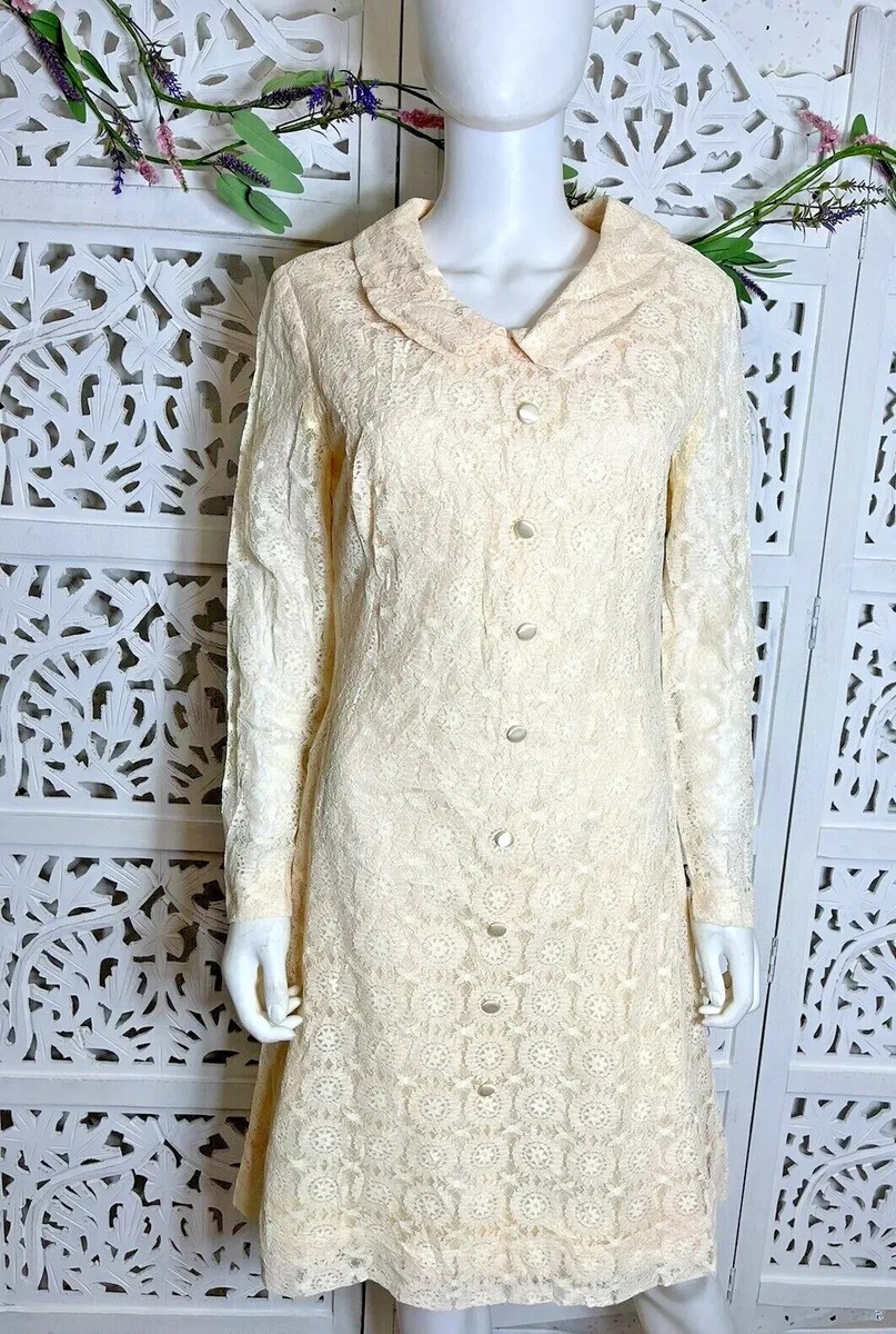 Vintage Montgomery Ward Womens Peach Lace Overlay Collar Dress