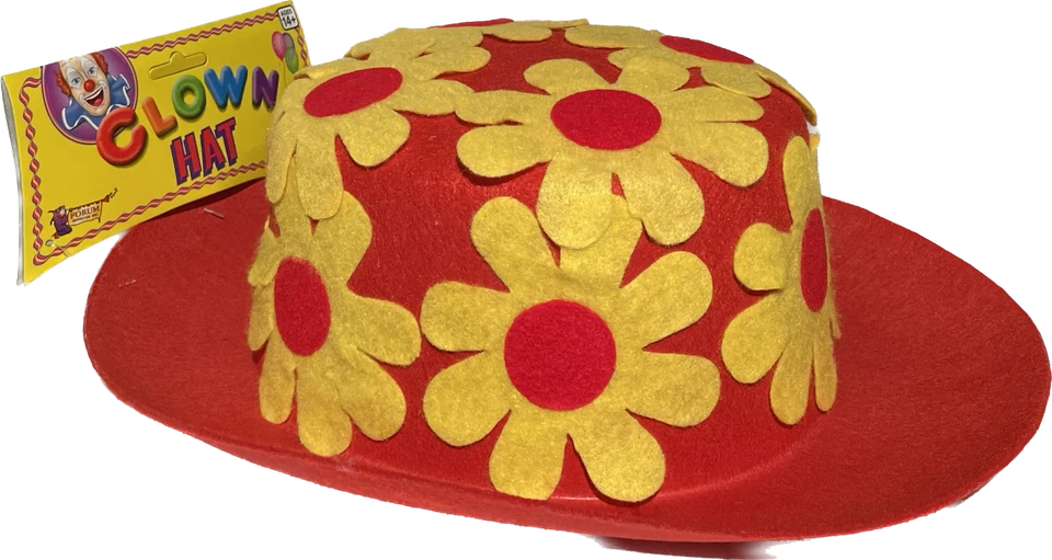 RED CLOWN DAISY DERBY HAT Costume Cap Funny Adult Bowler Yellow Flowers Mime NEW - Image 2 of 4