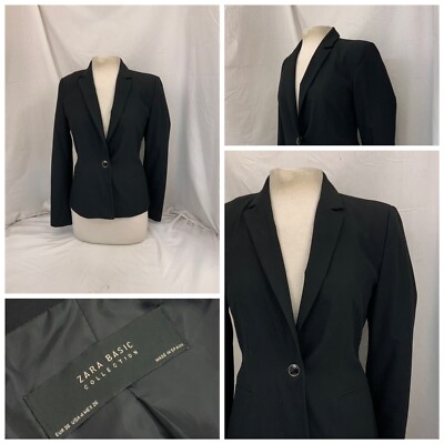 Zara Basic Blazer Jacket Sz 4 Black Poly Viscose 1-Button Spain YGI U1-205