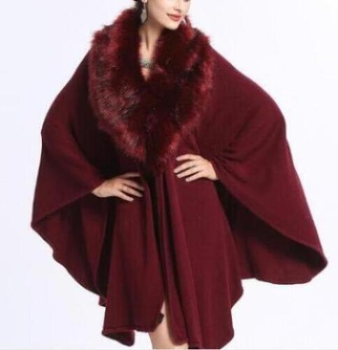 Faux Fox Fur Collar Loose Ladies Oversize Knitted Cape Poncho Western Overcoat - Picture 16 of 18