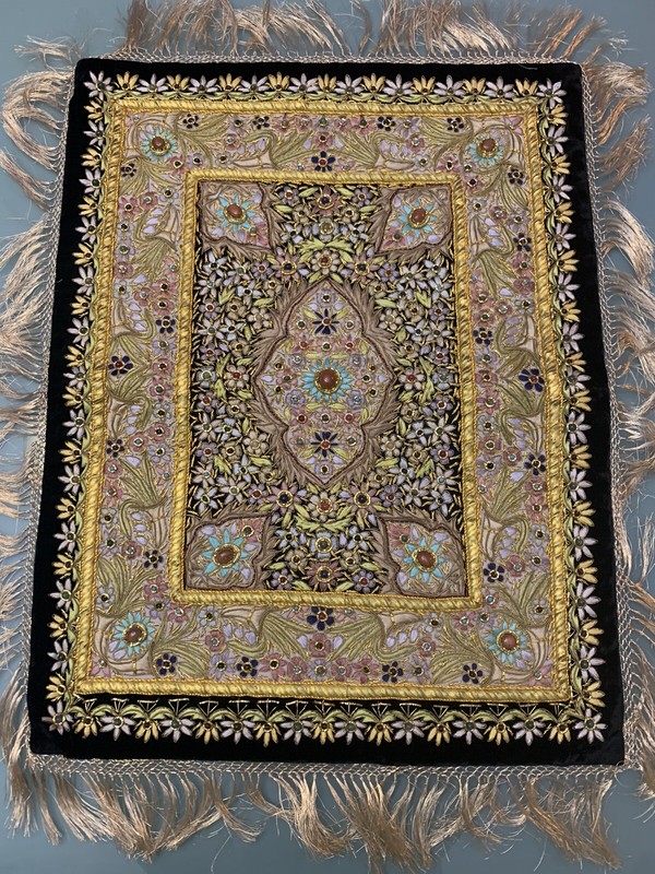 Rare Jewel Carpet Kashmir Zardozi Gold Tapestry Wall Hanging Semi Precious Stone