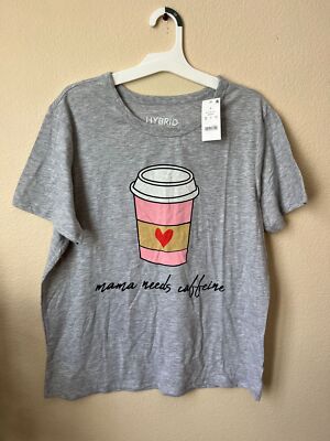 Hybrid L Large T-Shirt Grey ''Mama Needs Caffeine'' Graphic Print Top 