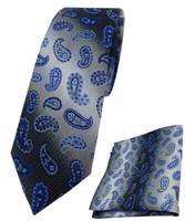 Schmale Tigertie Krawatte + Einstecktuch Marine Royal Silber Paisley Gemustert