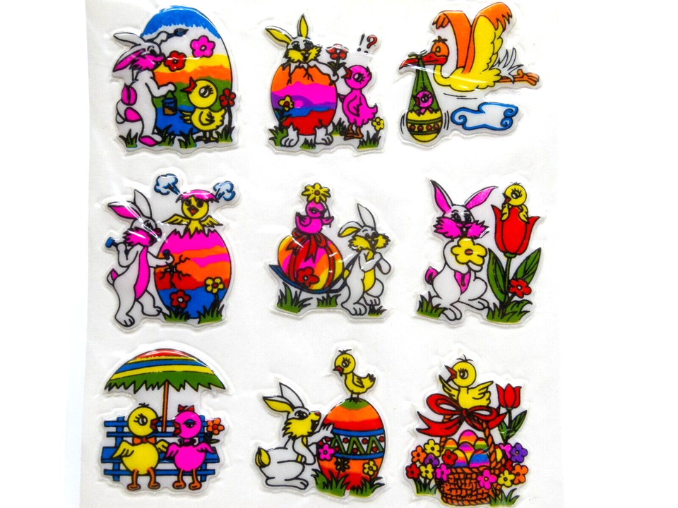 Vintage 1980’s “Animal Easter” Happy Eggs Rabbit Ducks 9 Puffy Stickers ...