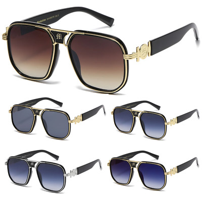 Men Fashion Sunglasses Oversized Square Gold Flat Top Frame Hip Hop Fancy Black