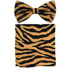 New men's pre-tied bowtie  hankie set zebra polyester wedding formal brown tan