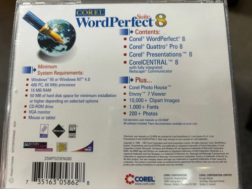 Corel WordPerfect Suite 8 CD-ROM (PC, 1997, WIn95) Vintage Office Software - Picture 2 of 2