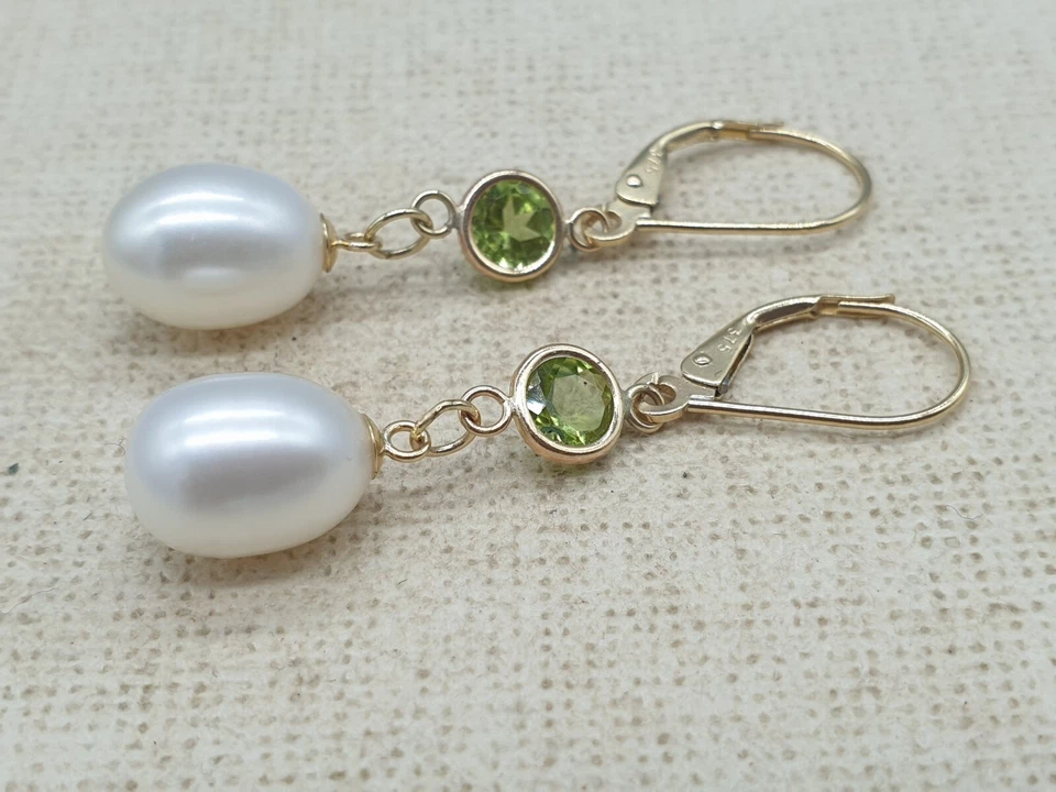 9ct Yellow Gold Gemstone and Cultured Pearl Earrings 9K Drop Dangle Leverback - Image 3 of 4