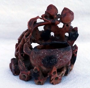 Chinese Hand Carved Soapstone Inkwell Fruit Foliage 19th C