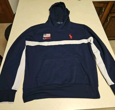 Med Polo HOODIE Ralph Lauren Blue Hoodie, BIG Pony USA Flag, USA+Flag on Back 