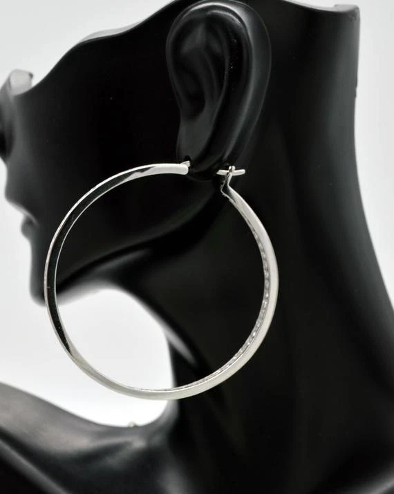 4.00 CT Round Moissanite Inside Outside Large Hoop Earrings Sterling Silver 50mm - Image 3 of 3